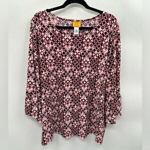 RUBY RD Red-Black bell sleeve plus size polyester stretch coastal grandma top 2X